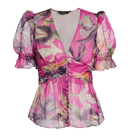 PatBO Floral Print Puff Sleeve V-Neck Button Front Blouse Pink Women's Size us 4 - Picture 2 of 6